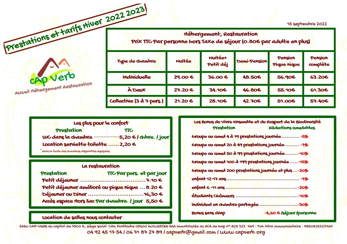 Prestations et tarifs hiver 22 23